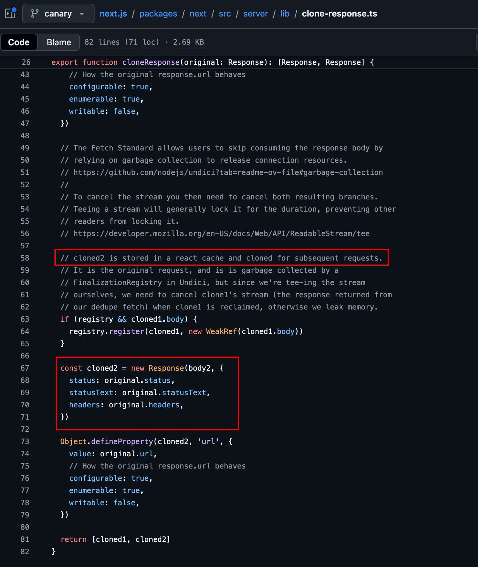 cloned2는 react cache에 저장되고, 이후 요청을 위해 복제된다고 친절하게 적혀있다